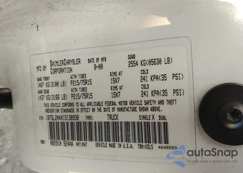 2001 Dodge Dakota Slt/Sport из США, поврежденный, VIN 1B7GL2AXX1S138938